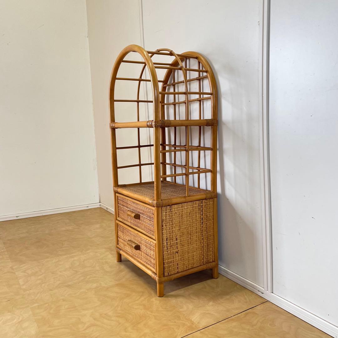 籐ラタン アーチ型シェルフ 棚 ラック 収納 電話台 花台 引き出し ビンテージ