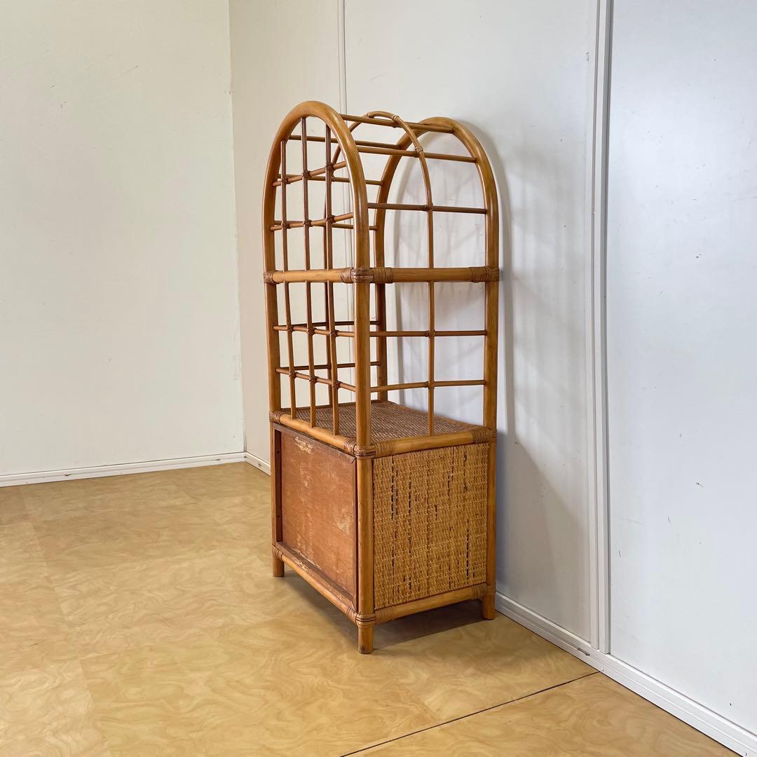 籐ラタン アーチ型シェルフ 棚 ラック 収納 電話台 花台 引き出し ビンテージ
