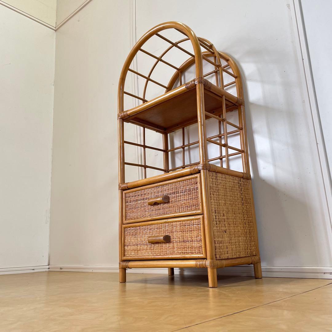 籐ラタン アーチ型シェルフ 棚 ラック 収納 電話台 花台 引き出し ビンテージ