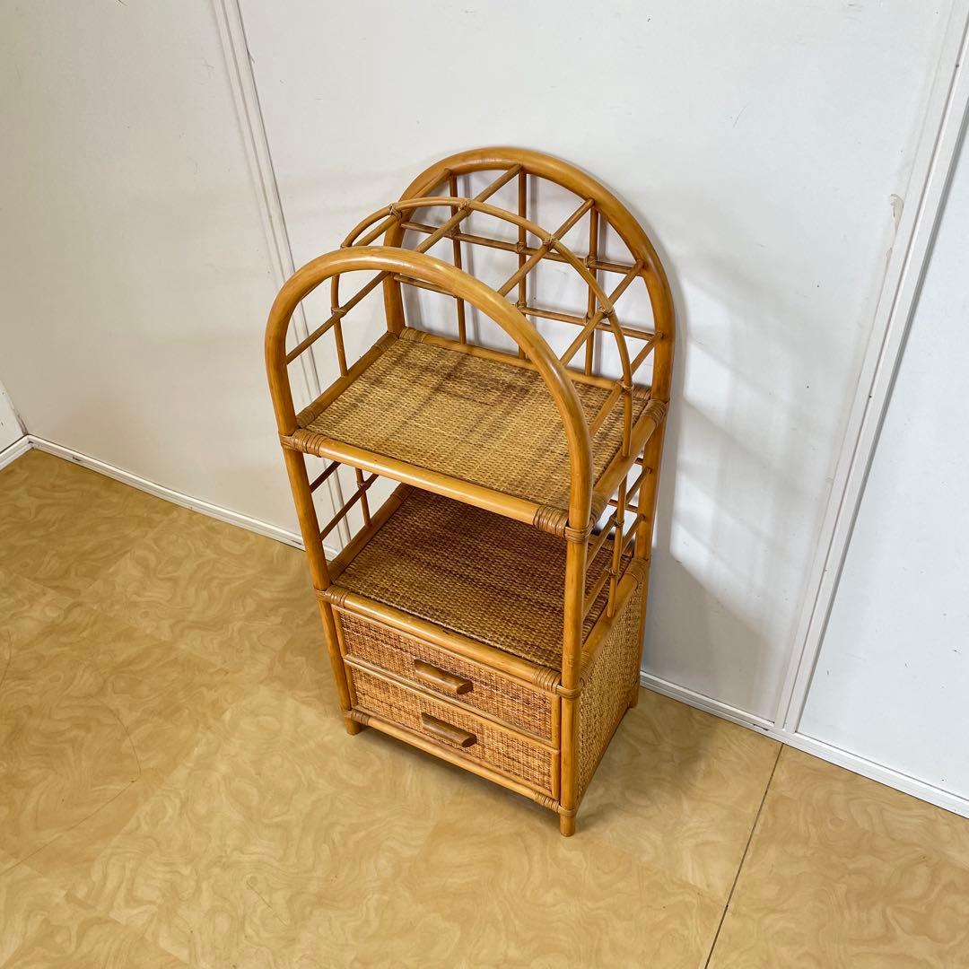 籐ラタン アーチ型シェルフ 棚 ラック 収納 電話台 花台 引き出し ビンテージ