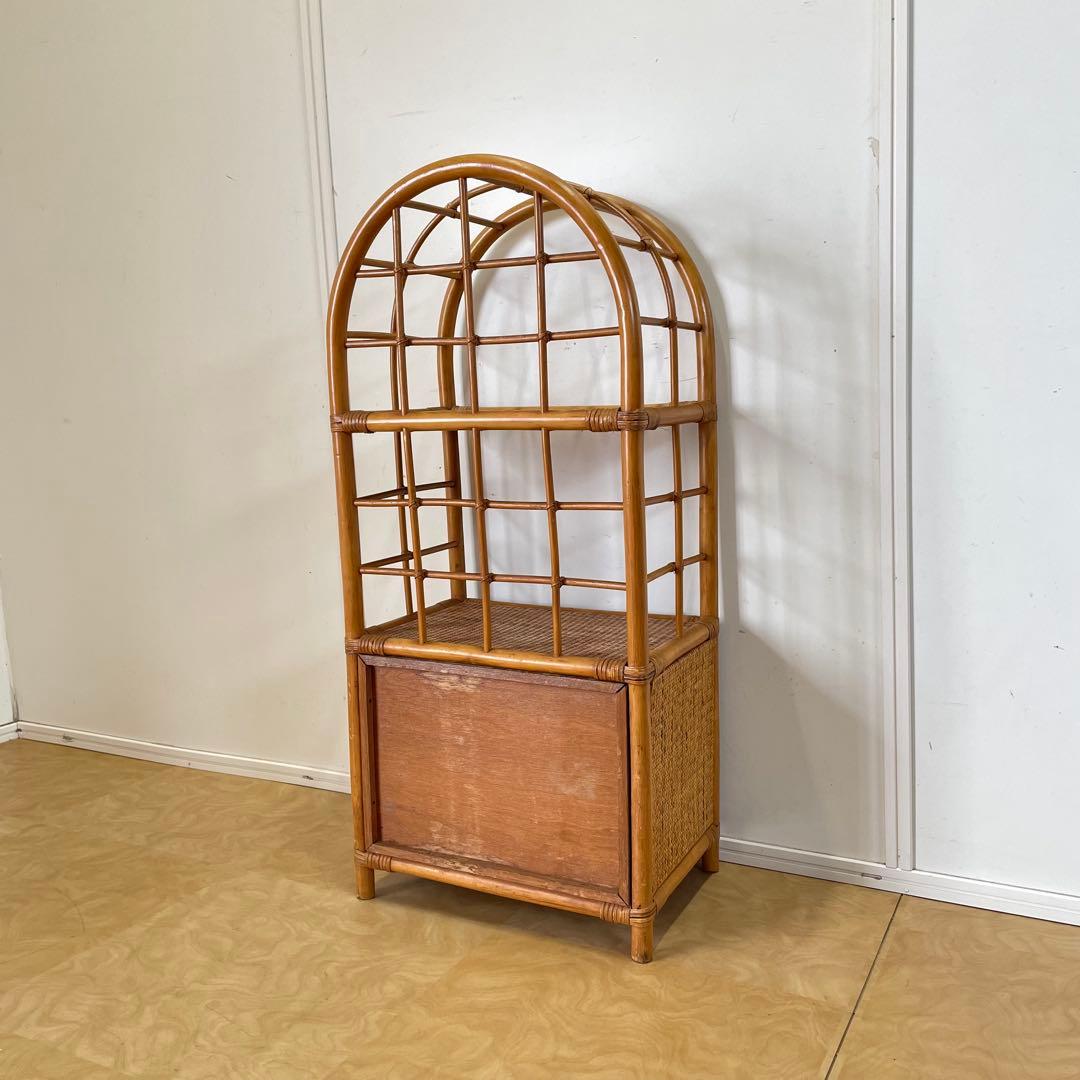 籐ラタン アーチ型シェルフ 棚 ラック 収納 電話台 花台 引き出し ビンテージ