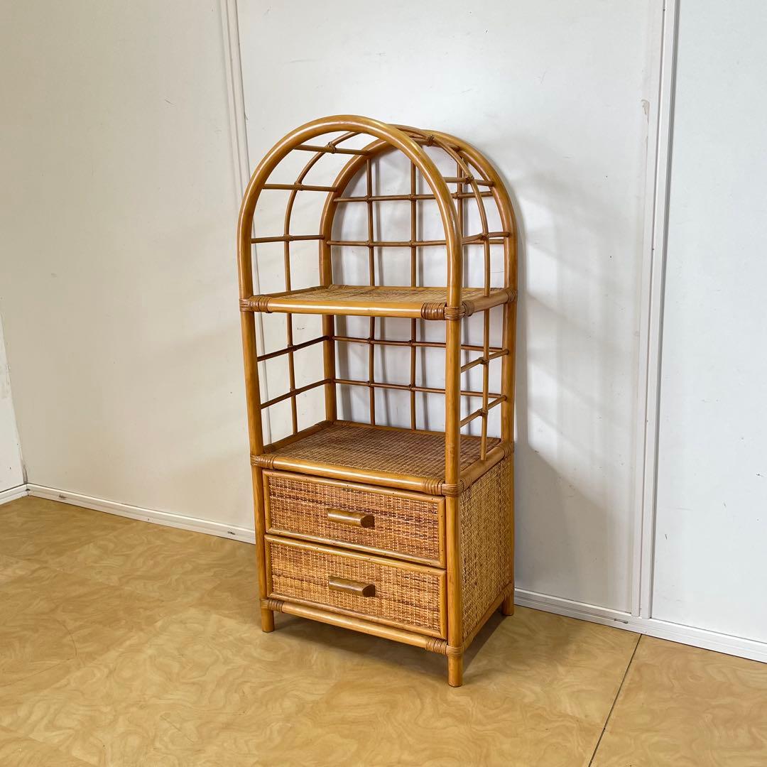 籐ラタン アーチ型シェルフ 棚 ラック 収納 電話台 花台 引き出し ビンテージ