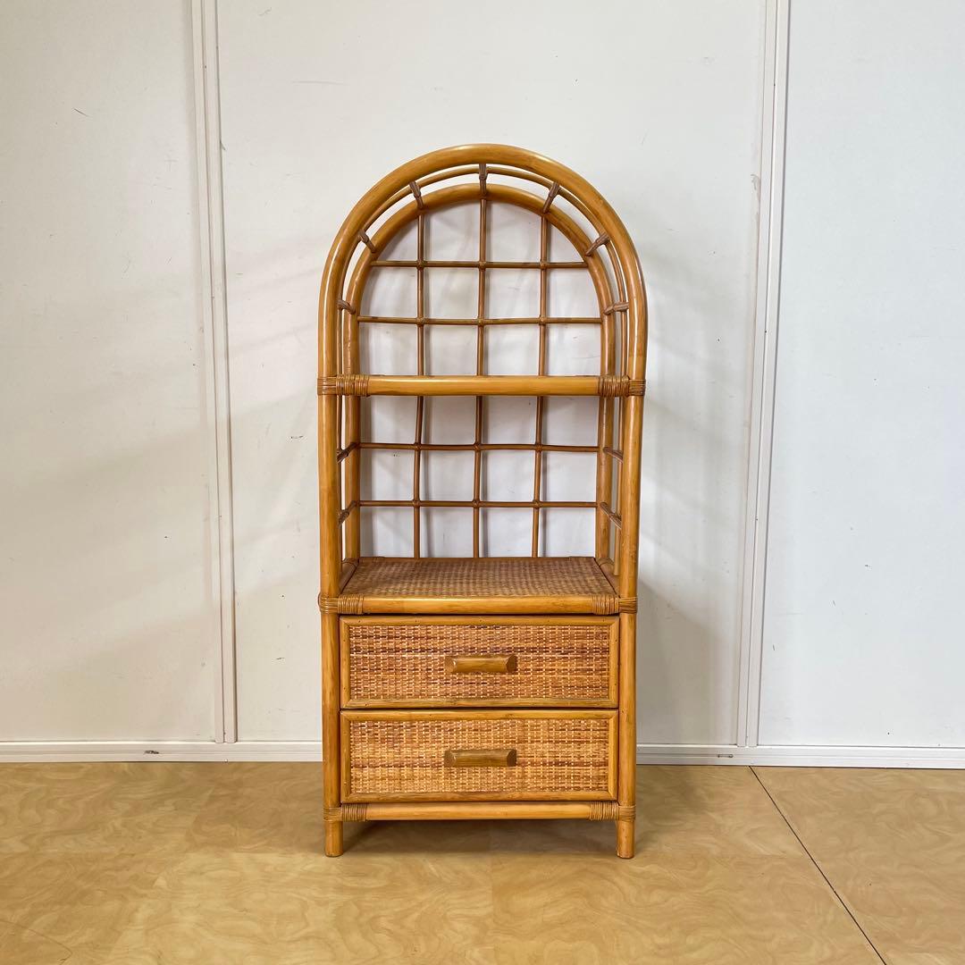 籐ラタン アーチ型シェルフ 棚 ラック 収納 電話台 花台 引き出し ビンテージ