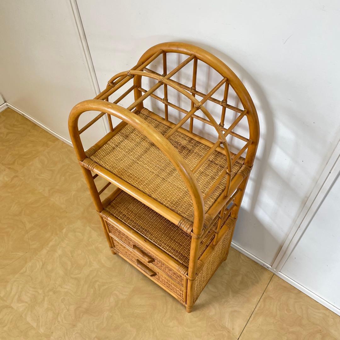 籐ラタン アーチ型シェルフ 棚 ラック 収納 電話台 花台 引き出し ビンテージ
