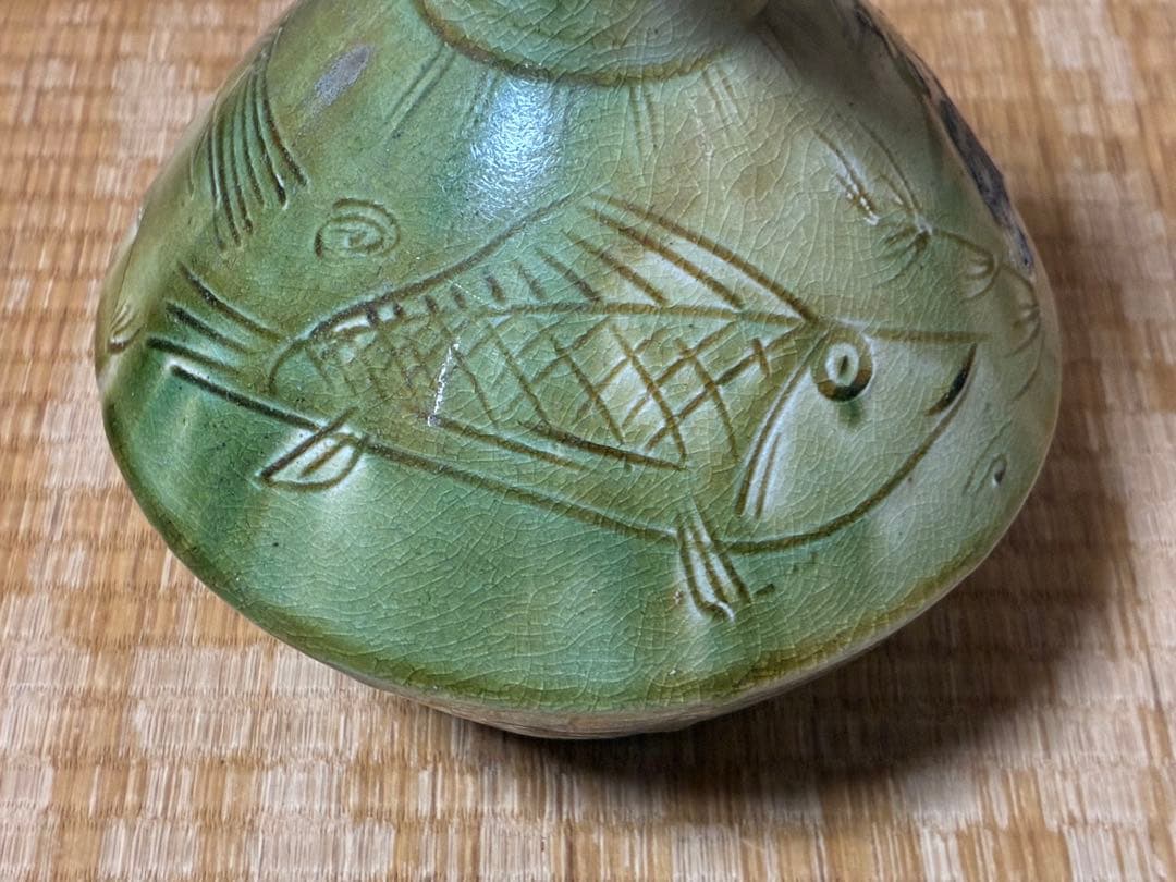 イスラム古陶 ペルシャ陶器 古陶器 魚紋 緑黄釉 陶器 水差し ピッチャー 水注