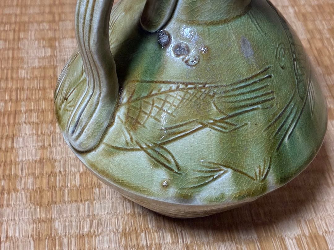 イスラム古陶 ペルシャ陶器 古陶器 魚紋 緑黄釉 陶器 水差し ピッチャー 水注