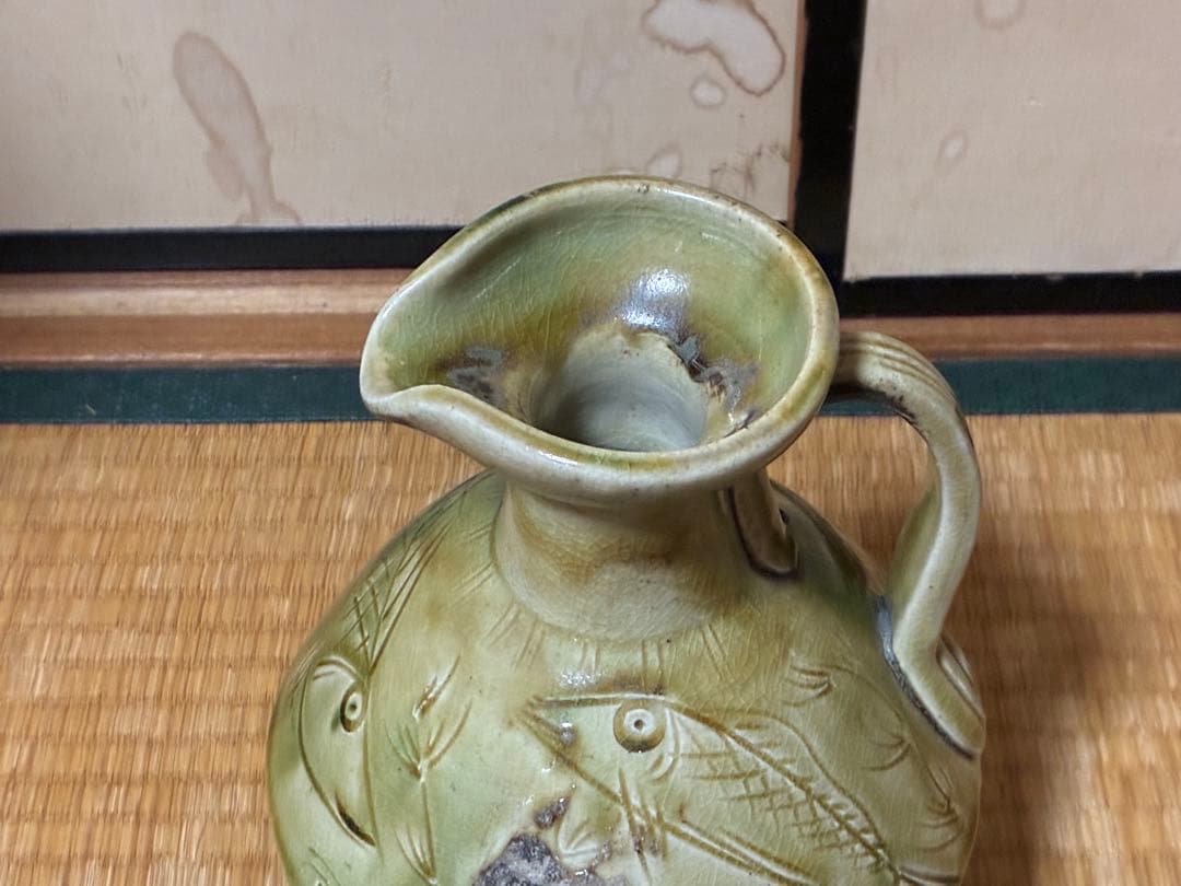 イスラム古陶 ペルシャ陶器 古陶器 魚紋 緑黄釉 陶器 水差し ピッチャー 水注