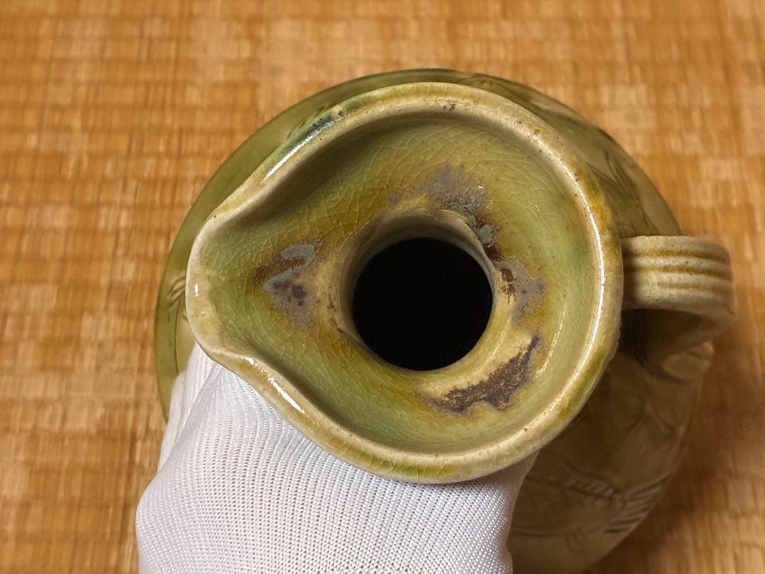 イスラム古陶 ペルシャ陶器 古陶器 魚紋 緑黄釉 陶器 水差し ピッチャー 水注