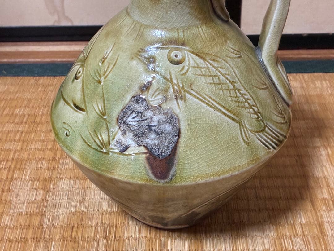イスラム古陶 ペルシャ陶器 古陶器 魚紋 緑黄釉 陶器 水差し ピッチャー 水注