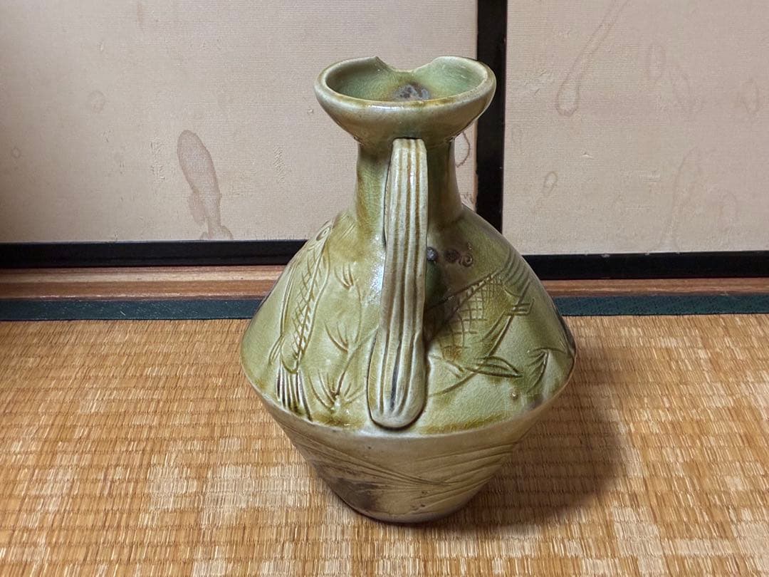 イスラム古陶 ペルシャ陶器 古陶器 魚紋 緑黄釉 陶器 水差し ピッチャー 水注
