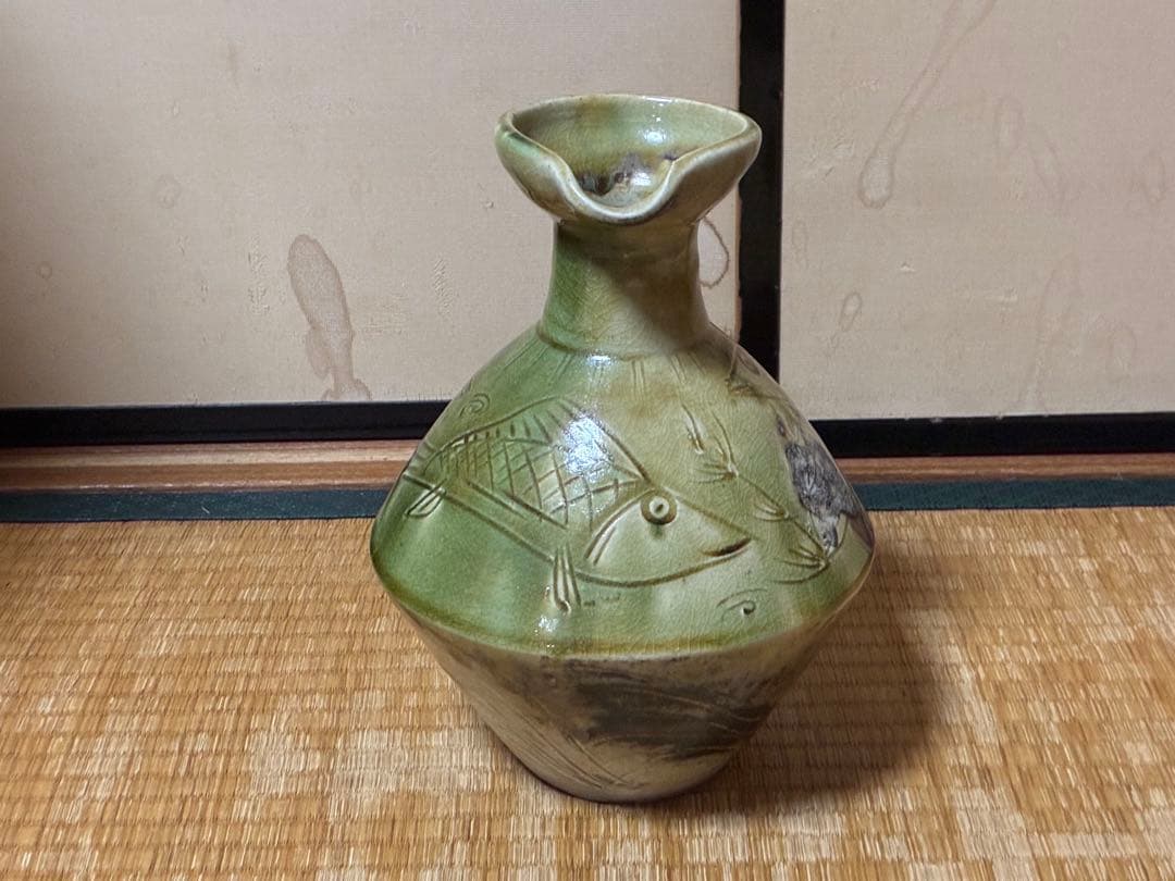 イスラム古陶 ペルシャ陶器 古陶器 魚紋 緑黄釉 陶器 水差し ピッチャー 水注