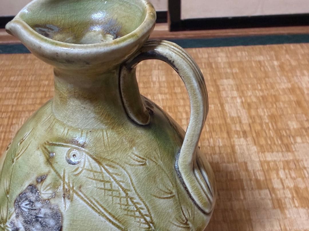 イスラム古陶 ペルシャ陶器 古陶器 魚紋 緑黄釉 陶器 水差し ピッチャー 水注