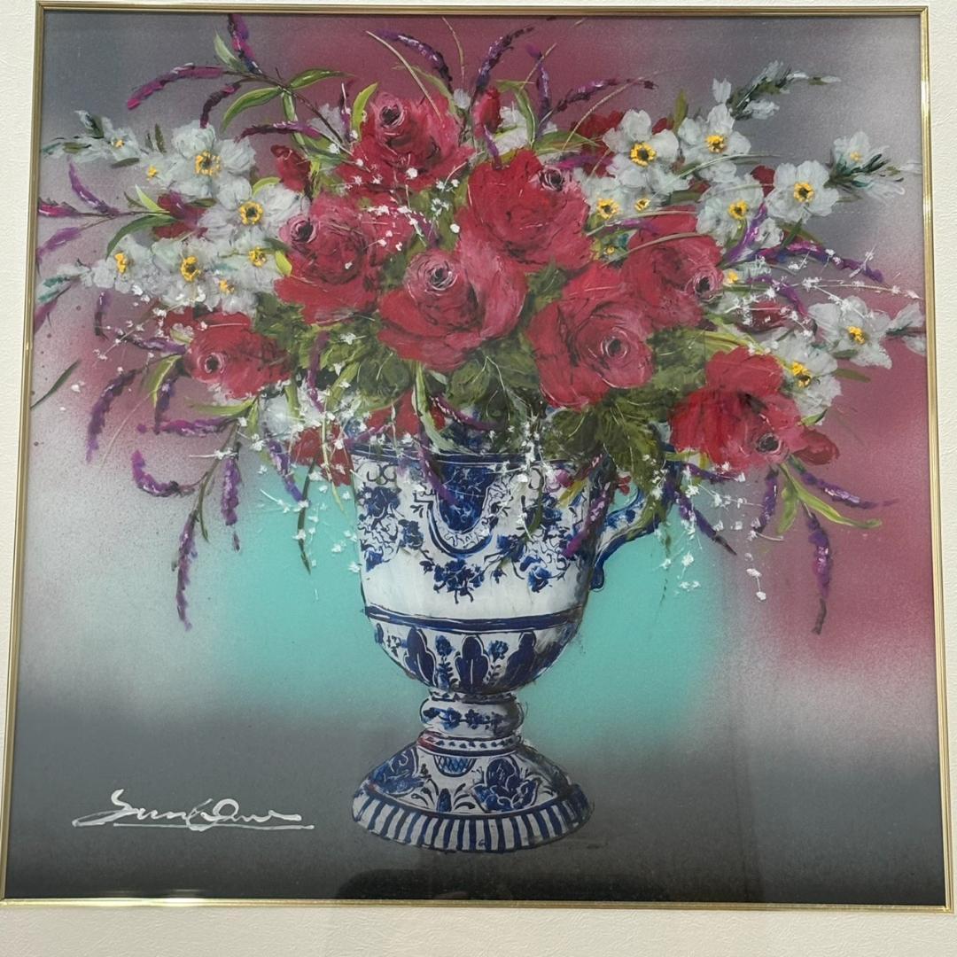 大野剛正　油彩風 花瓶の花 静物画 額装 サイン入り フラワーアート