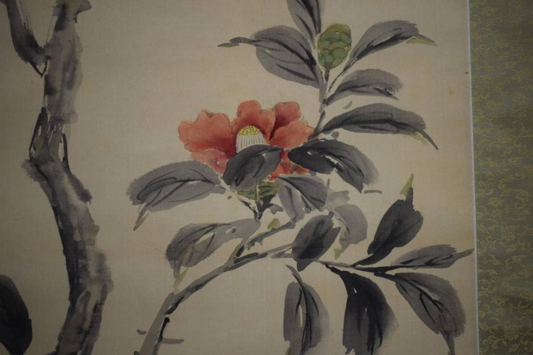 真作/三井飯山/椿画賛/布袋屋掛軸HI-563