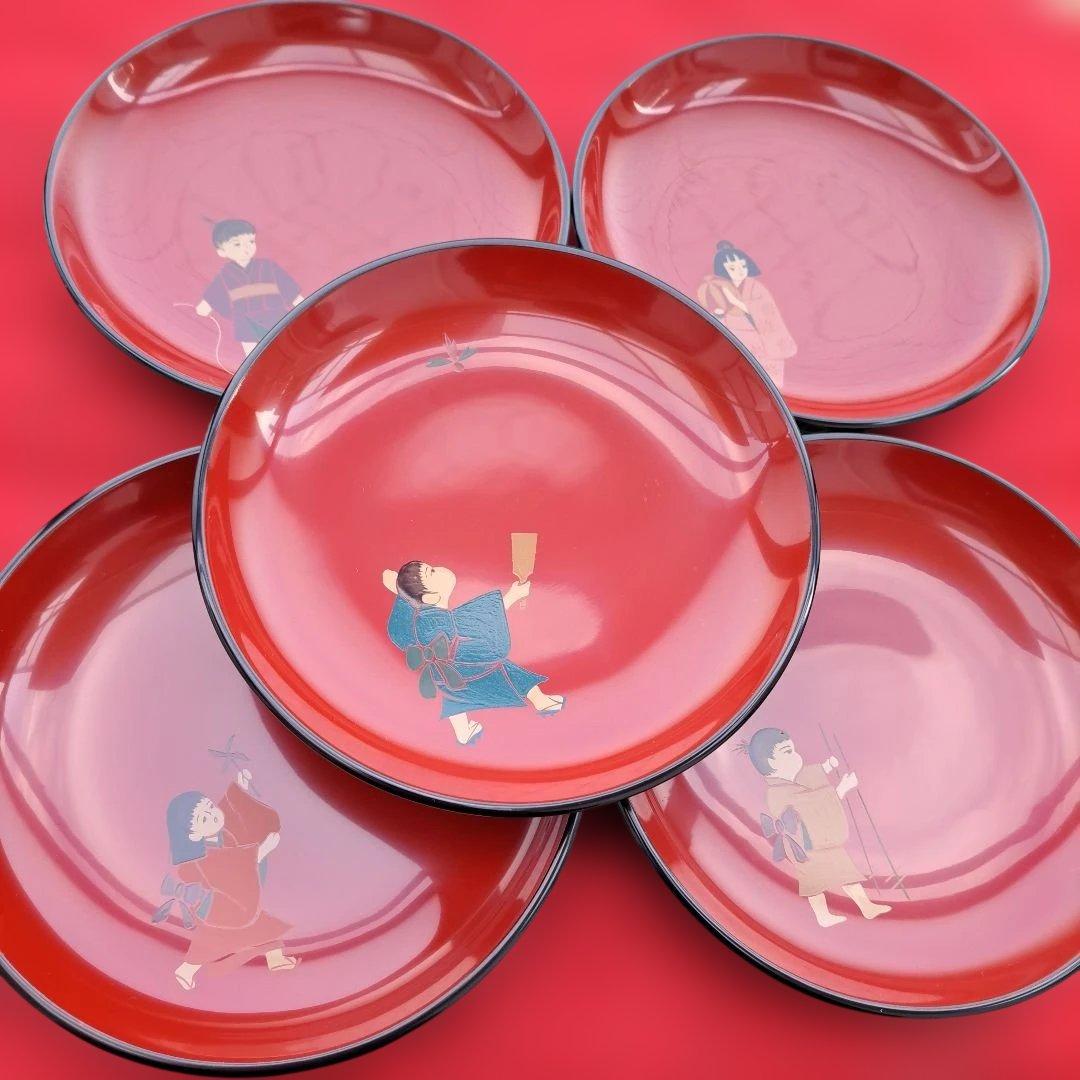 【輪島塗\"童唄え蒔絵　銘々皿×5客】布着本堅地　5寸　ダルマ型　未使用品