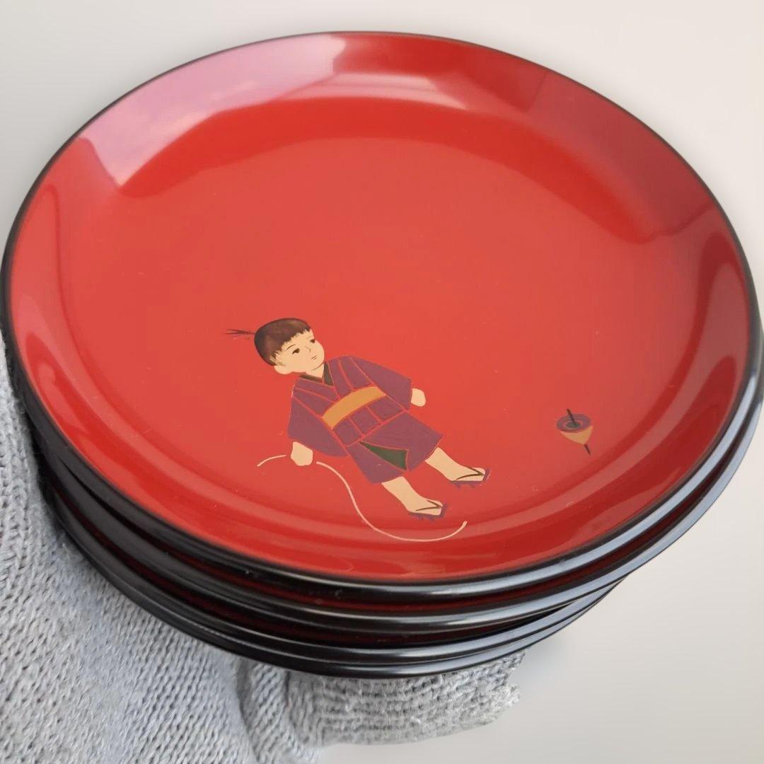 【輪島塗\"童唄え蒔絵　銘々皿×5客】布着本堅地　5寸　ダルマ型　未使用品