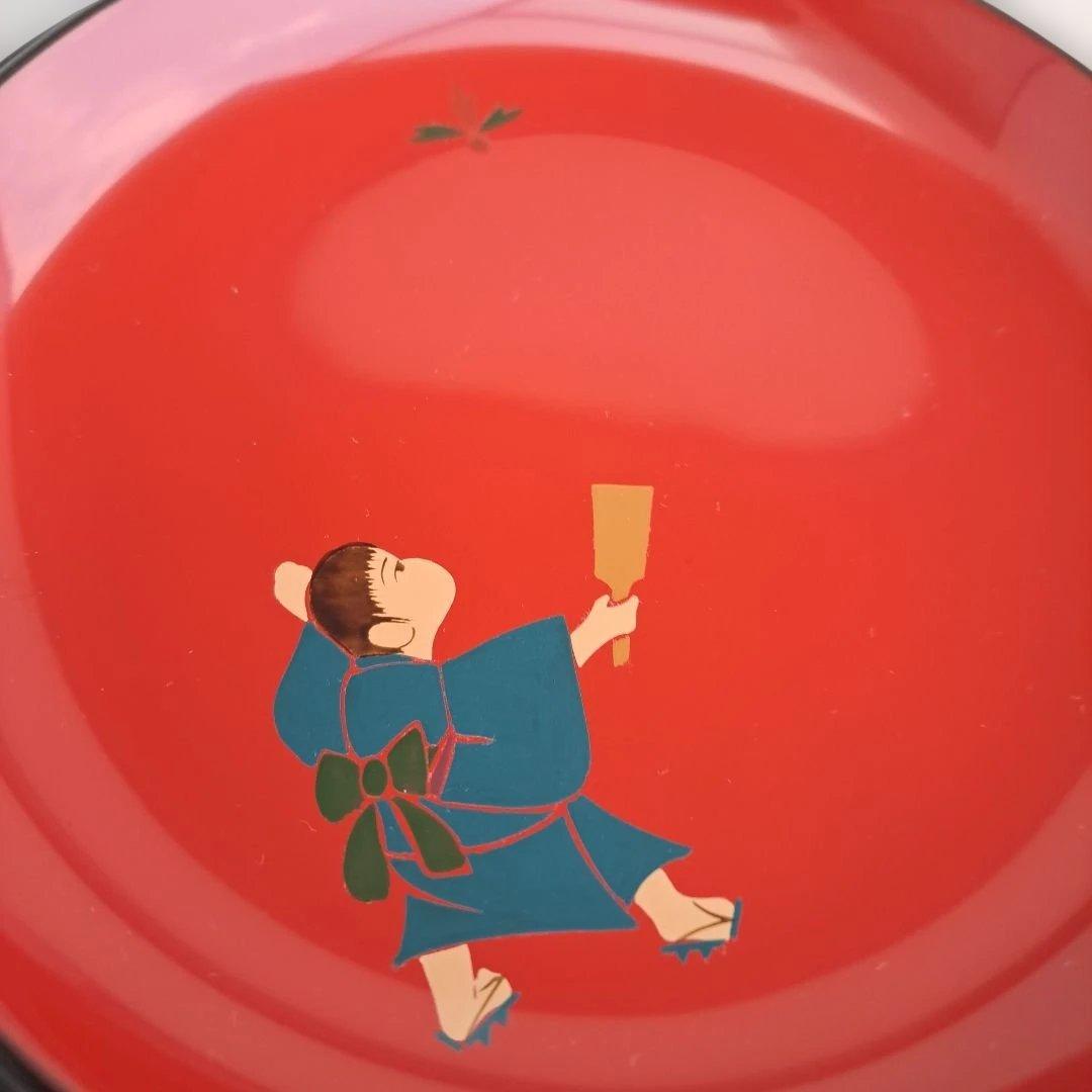 【輪島塗\"童唄え蒔絵　銘々皿×5客】布着本堅地　5寸　ダルマ型　未使用品