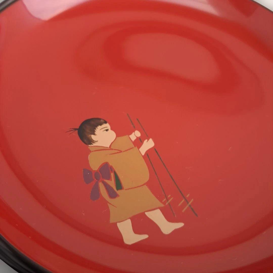 【輪島塗\"童唄え蒔絵　銘々皿×5客】布着本堅地　5寸　ダルマ型　未使用品