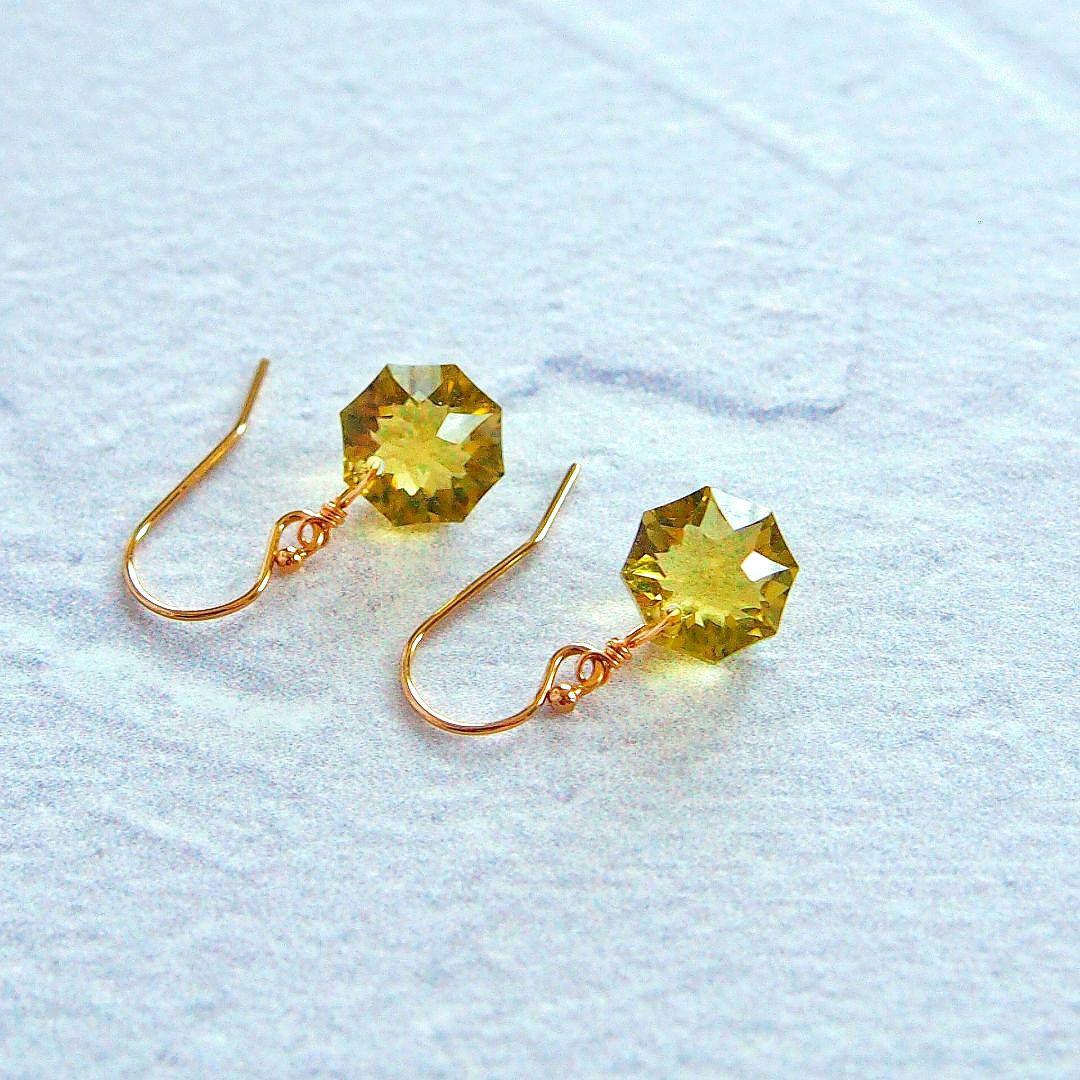 専用　宝石質✨オリーブクォーツ　コンケーブ　ソレイユ　ピアス　14kgf　A