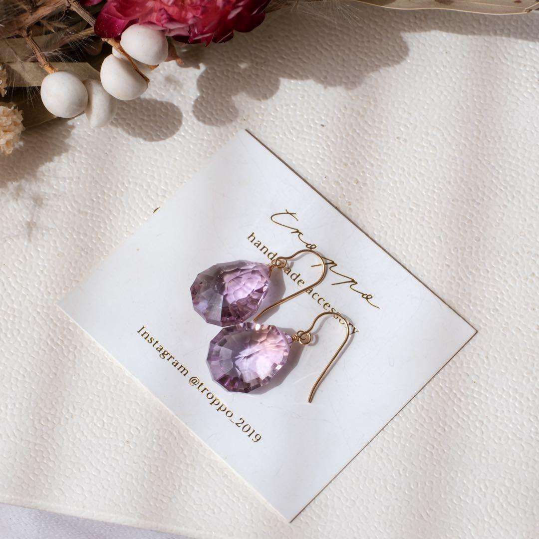 maumaumau14kgfピンクアメジストコンケーブカットピアス