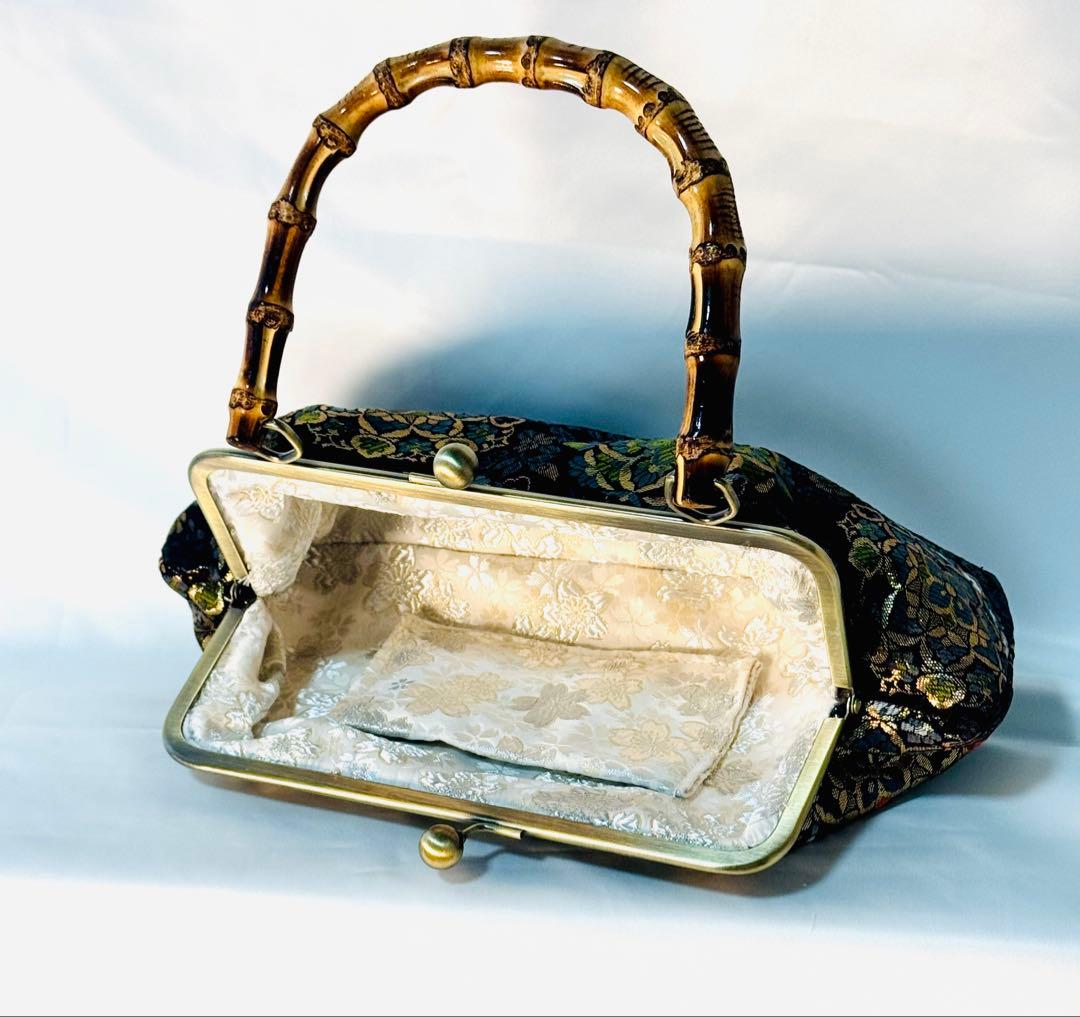 西陣織高級生地花柄刺繍の竹製ハンドバッグバンブーバッグ一点物和装洋装