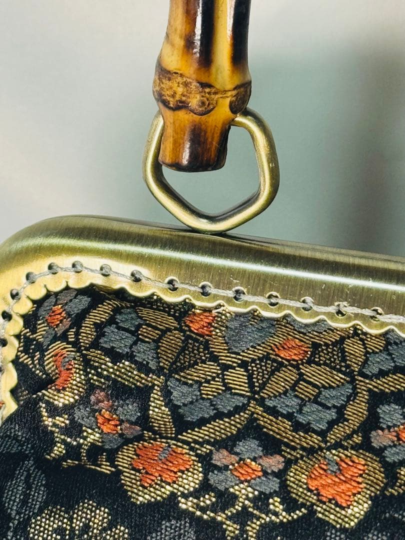 西陣織高級生地花柄刺繍の竹製ハンドバッグバンブーバッグ一点物和装洋装