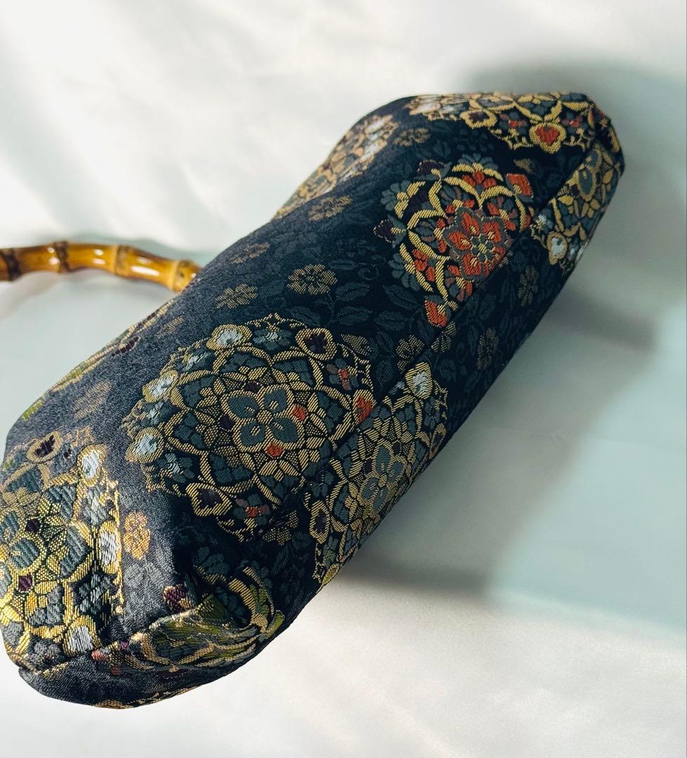 西陣織高級生地花柄刺繍の竹製ハンドバッグバンブーバッグ一点物和装洋装