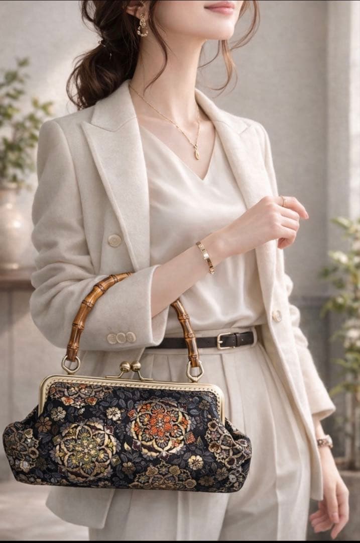 西陣織高級生地花柄刺繍の竹製ハンドバッグバンブーバッグ一点物和装洋装