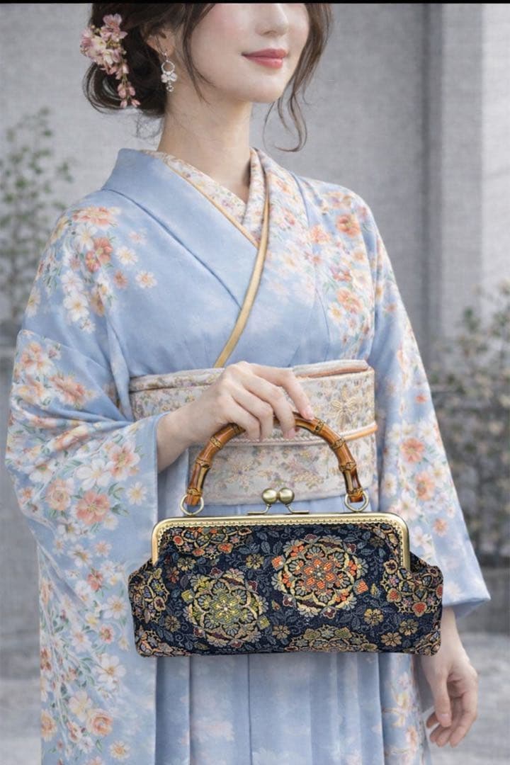 西陣織高級生地花柄刺繍の竹製ハンドバッグバンブーバッグ一点物和装洋装