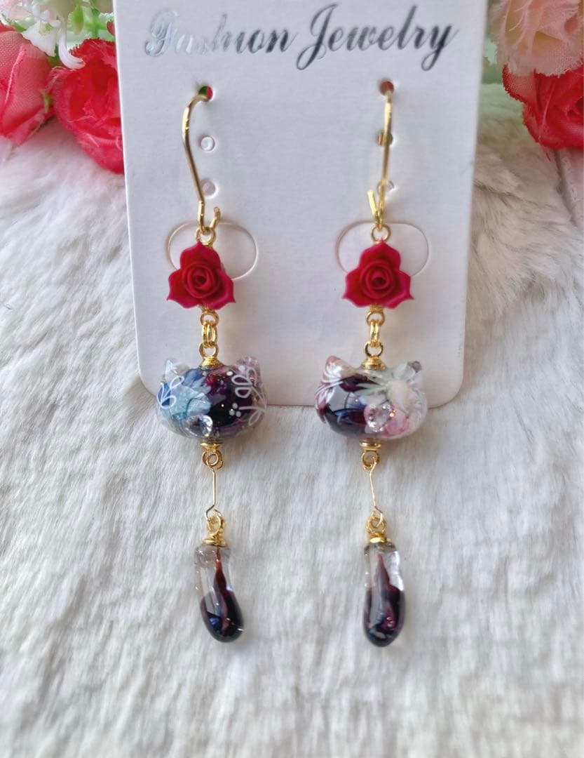 ちまっと♡ボタニカル薔薇にゃんこ　リトルウッズ　ピアス/イヤリング✩*॰¨