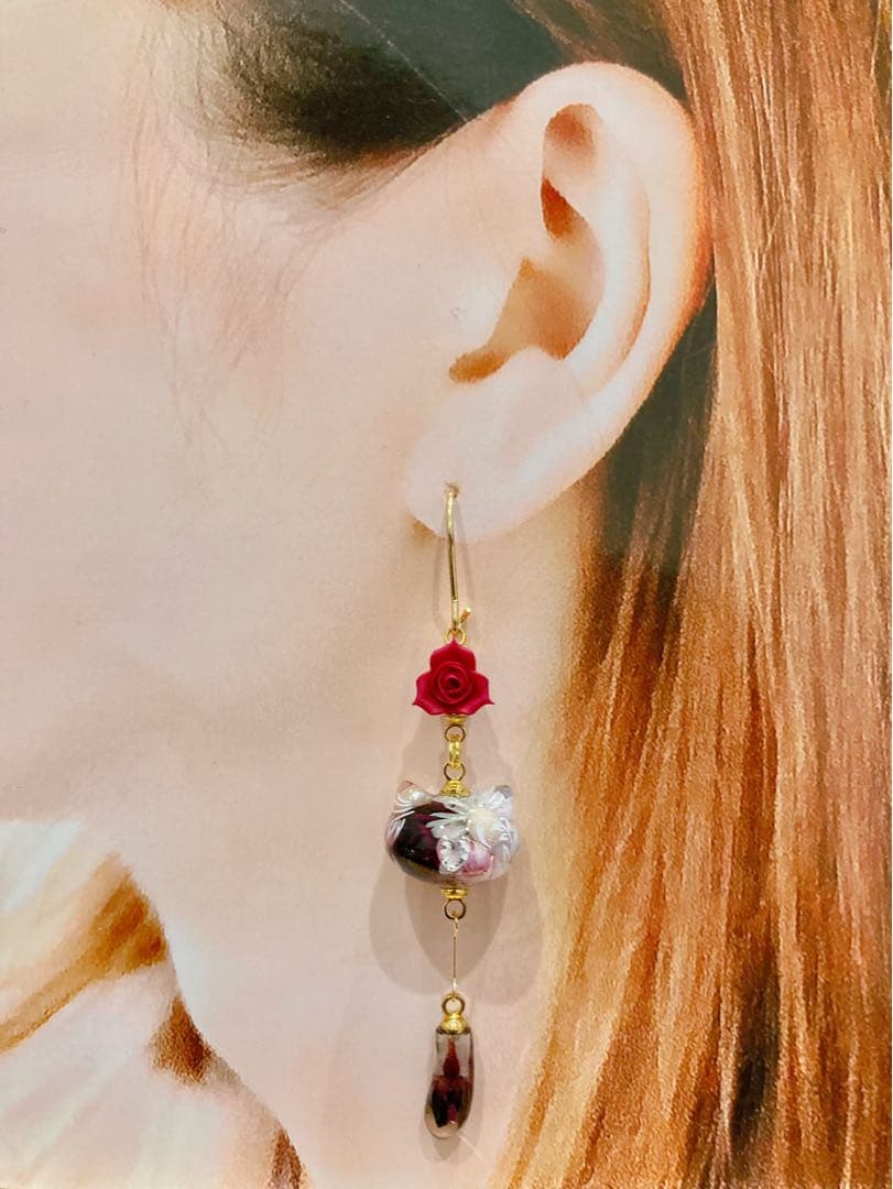 ちまっと♡ボタニカル薔薇にゃんこ　リトルウッズ　ピアス/イヤリング✩*॰¨