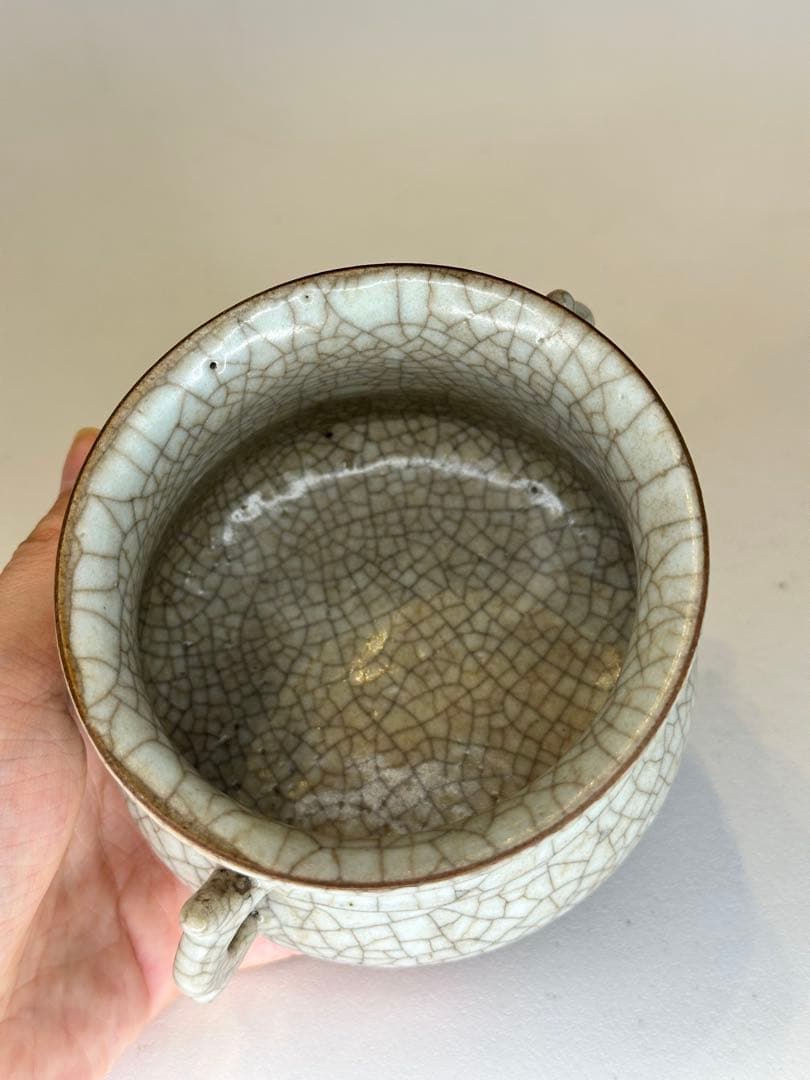 中国骨董 清代 哥窯 双耳香炉 陶磁器 置物 コレクション用 香道具