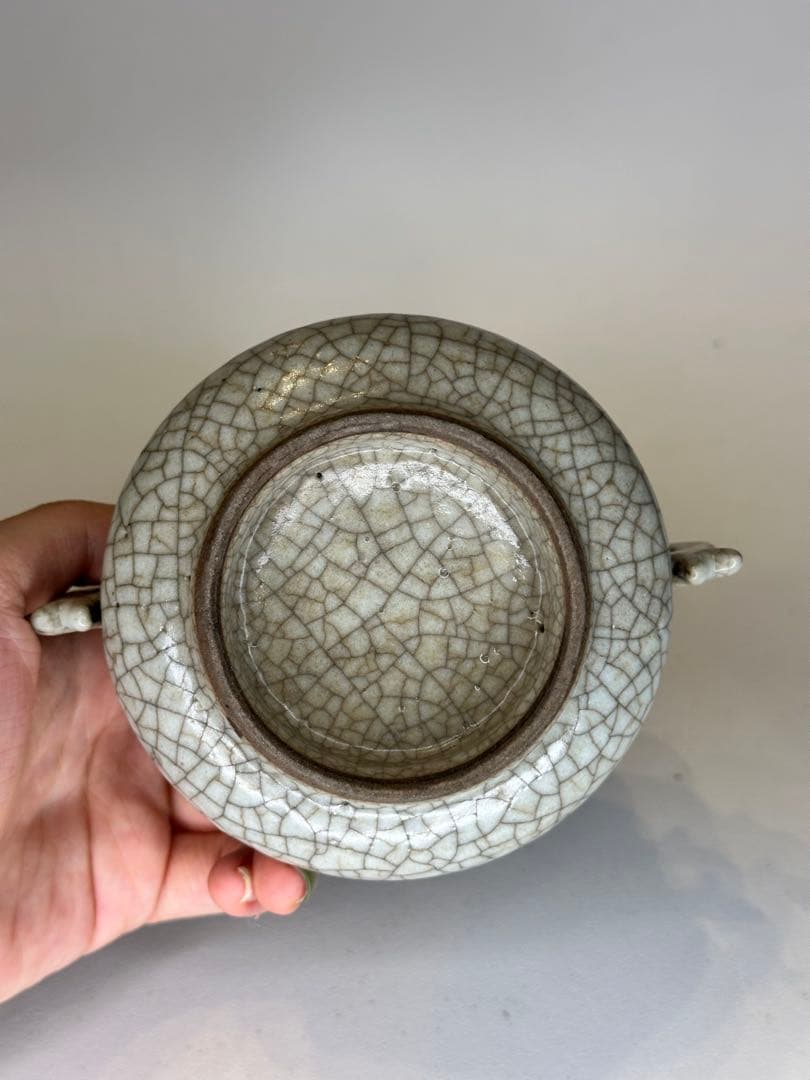 中国骨董 清代 哥窯 双耳香炉 陶磁器 置物 コレクション用 香道具