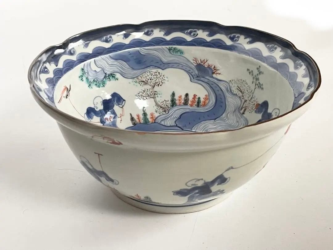 骨董　アンティーク　柿右衛門　色絵　染錦　唐子遊戯図　輪花鉢　深鉢　鉢　古伊万里