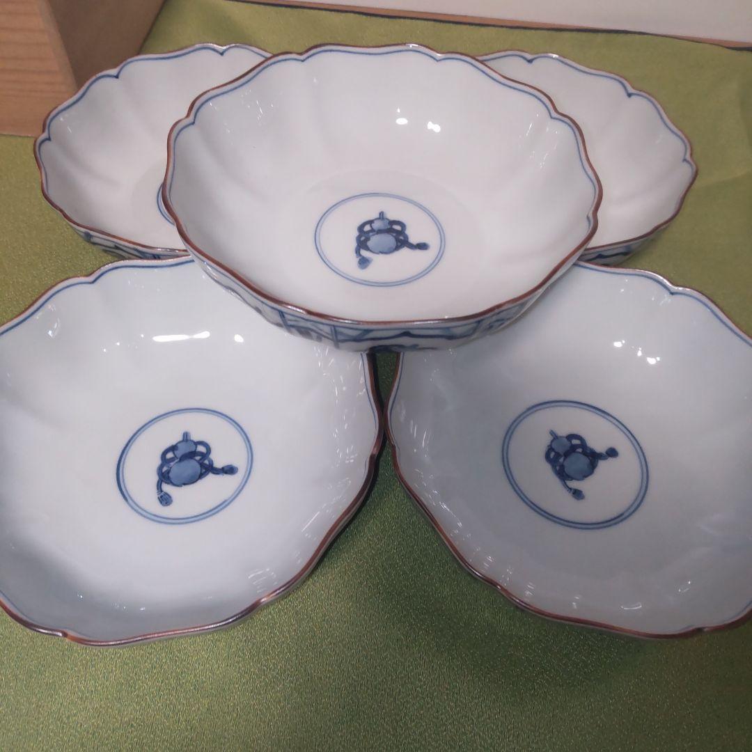 九谷焼　香祥窯　染付　宝尽くし 小鉢 中皿　 八角皿 輪花 手描き 未使用品