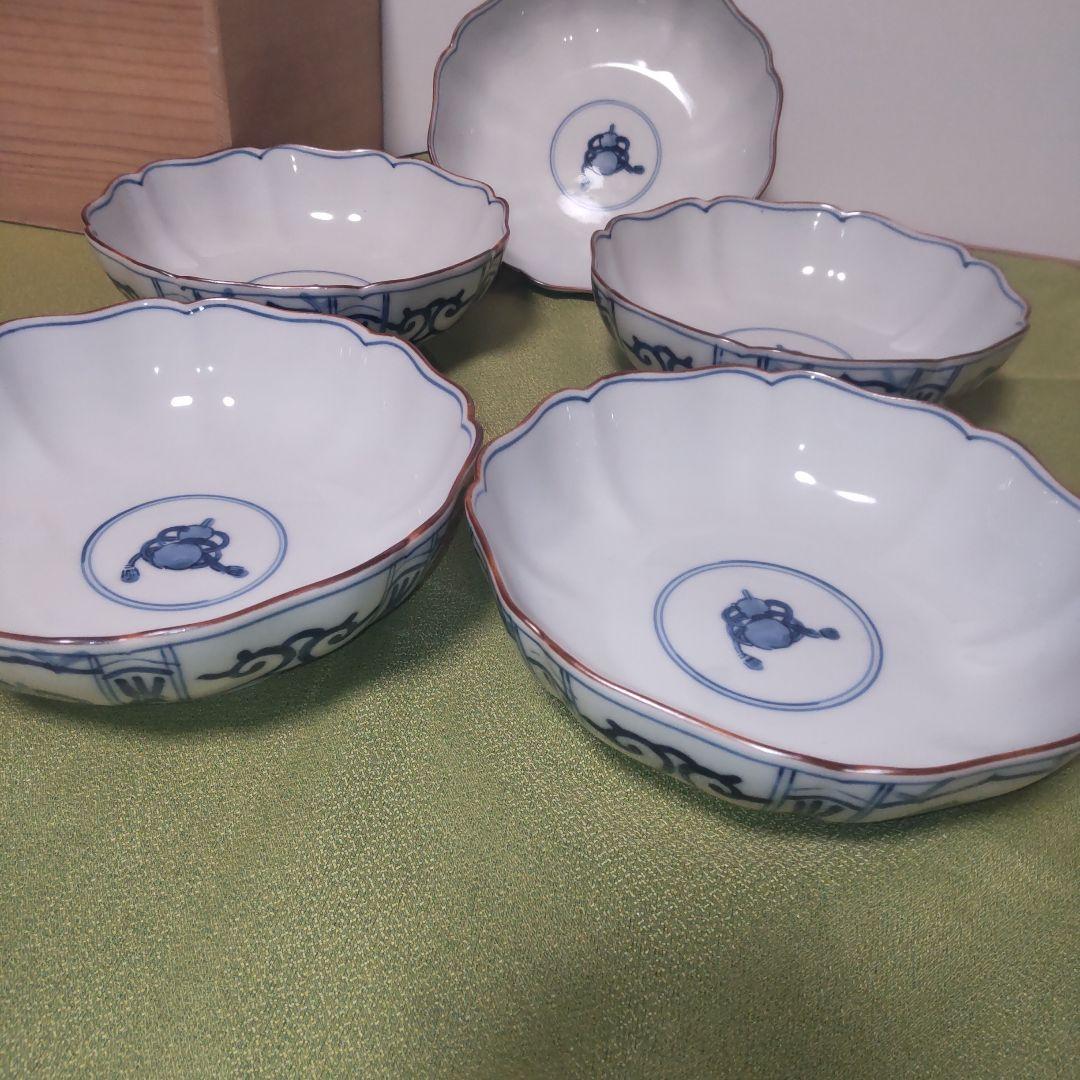 九谷焼　香祥窯　染付　宝尽くし 小鉢 中皿　 八角皿 輪花 手描き 未使用品