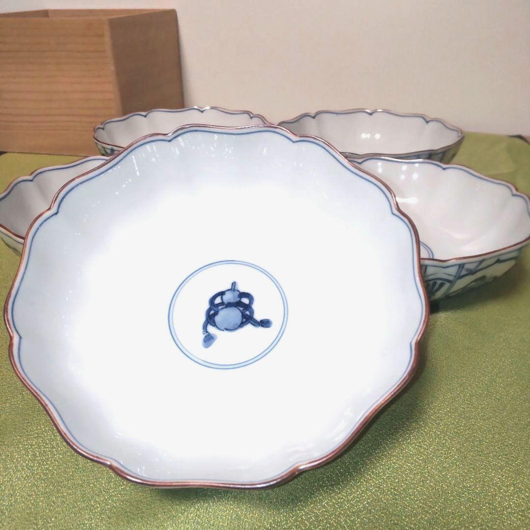 九谷焼　香祥窯　染付　宝尽くし 小鉢 中皿　 八角皿 輪花 手描き 未使用品