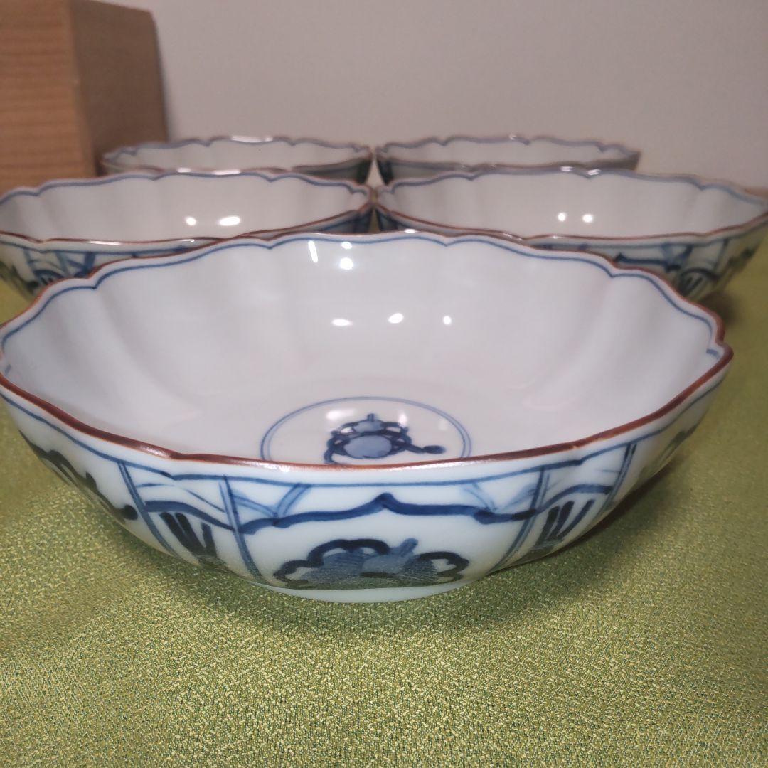 九谷焼　香祥窯　染付　宝尽くし 小鉢 中皿　 八角皿 輪花 手描き 未使用品