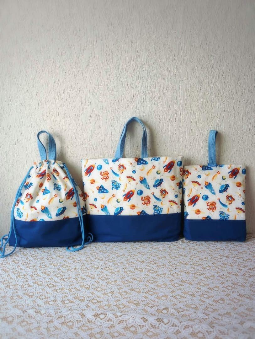 ロボットロケット宇宙＆ブルー　入学入園セット7点セット、レッスンバック☆上履き袋