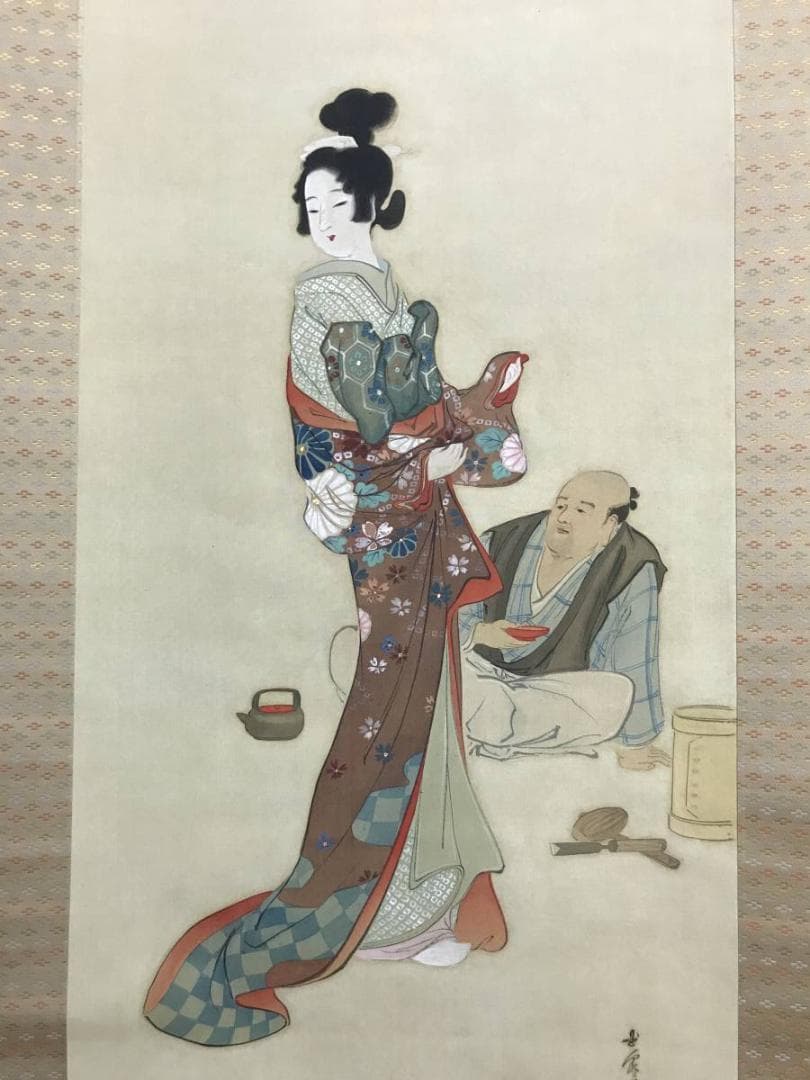 【真作】玉泉/左甚五郎美人像図/美人図/美人画/掛軸/名家伝来/AD-70