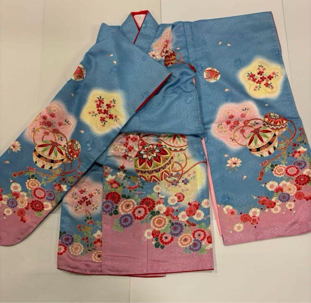 七五三　3歳女の子　新品　着物２点セット　人気の水色　ピンク　手鞠　桜　日本製