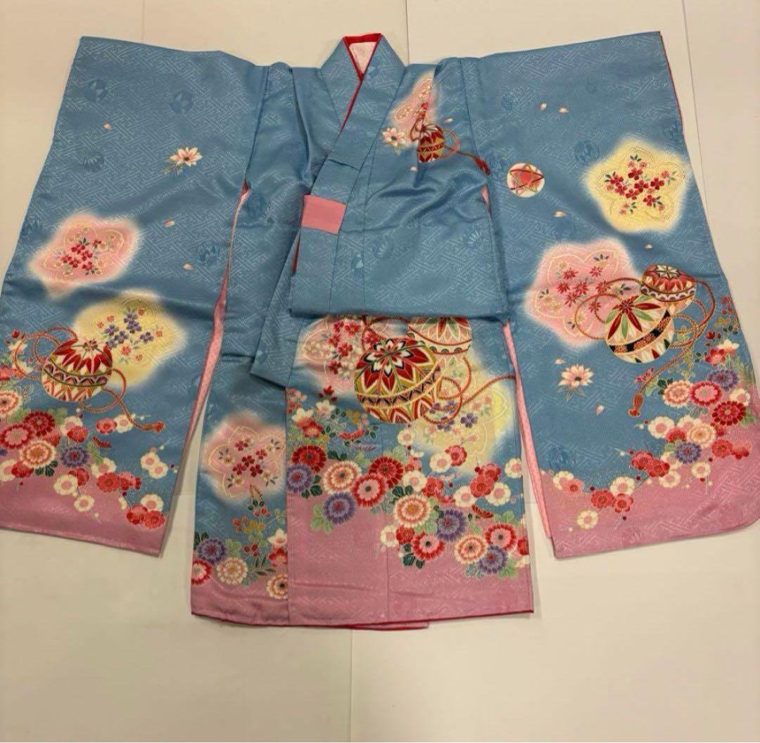 七五三　3歳女の子　新品　着物２点セット　人気の水色　ピンク　手鞠　桜　日本製