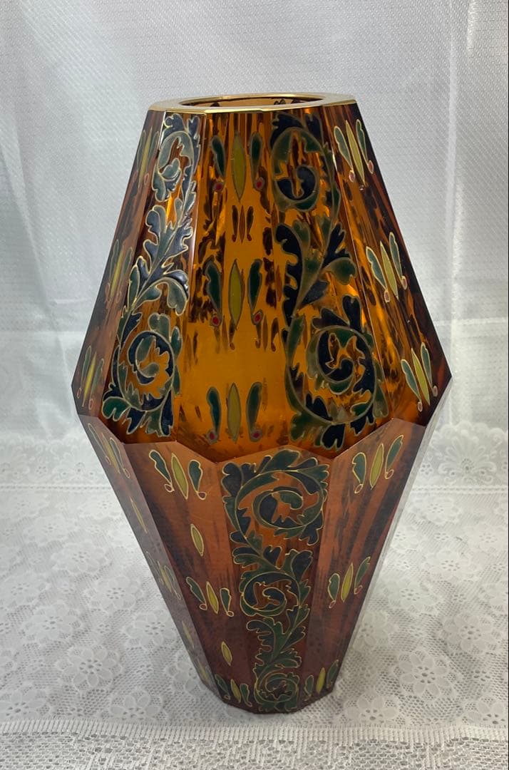 窯彩硝子　雨宮喜能登　茶色の八角形花瓶 植物模様