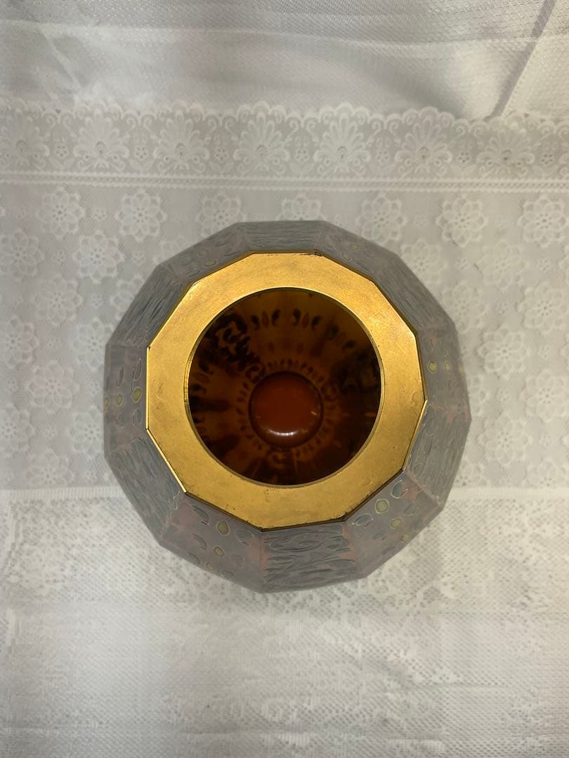 窯彩硝子　雨宮喜能登　茶色の八角形花瓶 植物模様