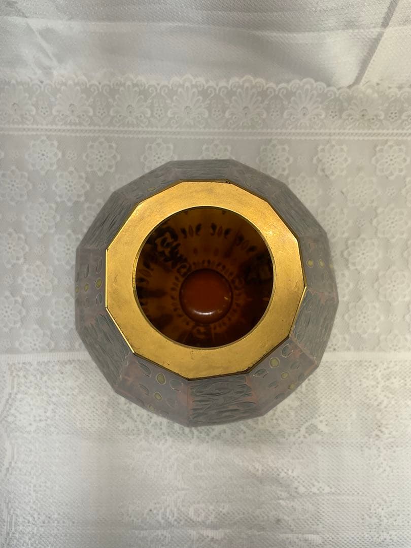 窯彩硝子　雨宮喜能登　茶色の八角形花瓶 植物模様