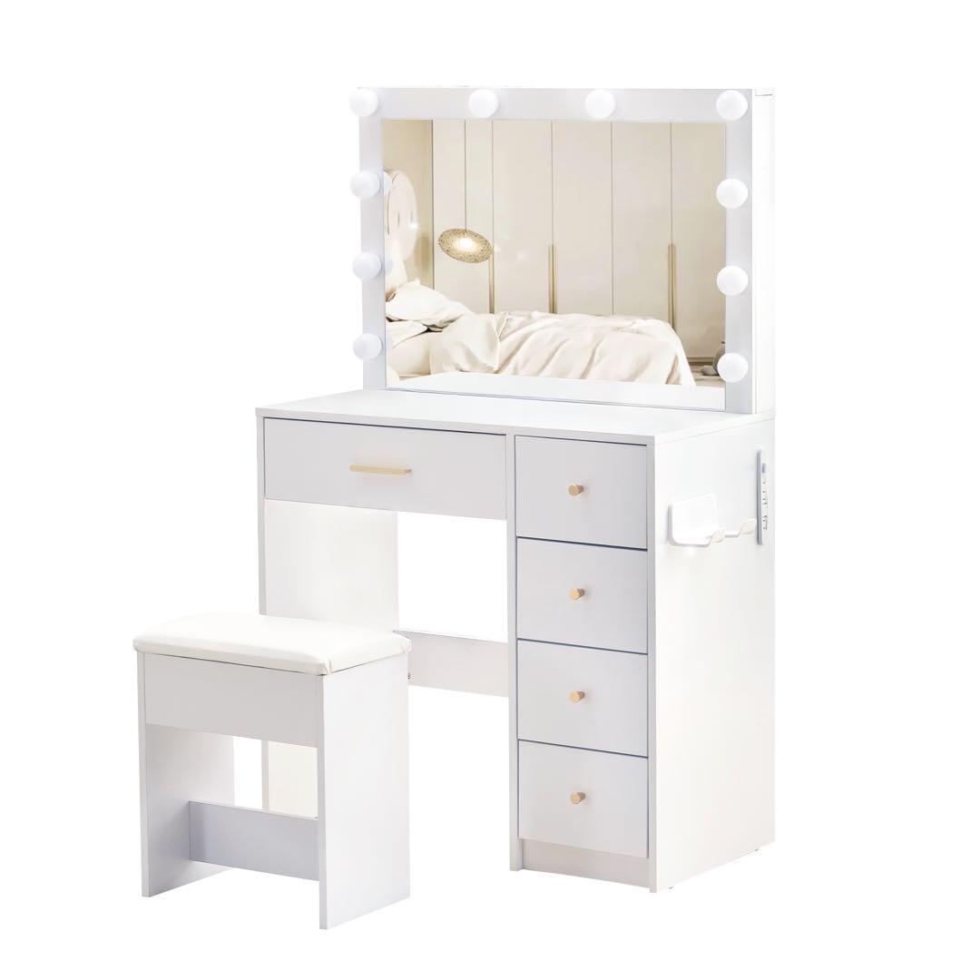 【新品】LED女優ミラードレッサー コンセント付き 大容量収納&椅子セット