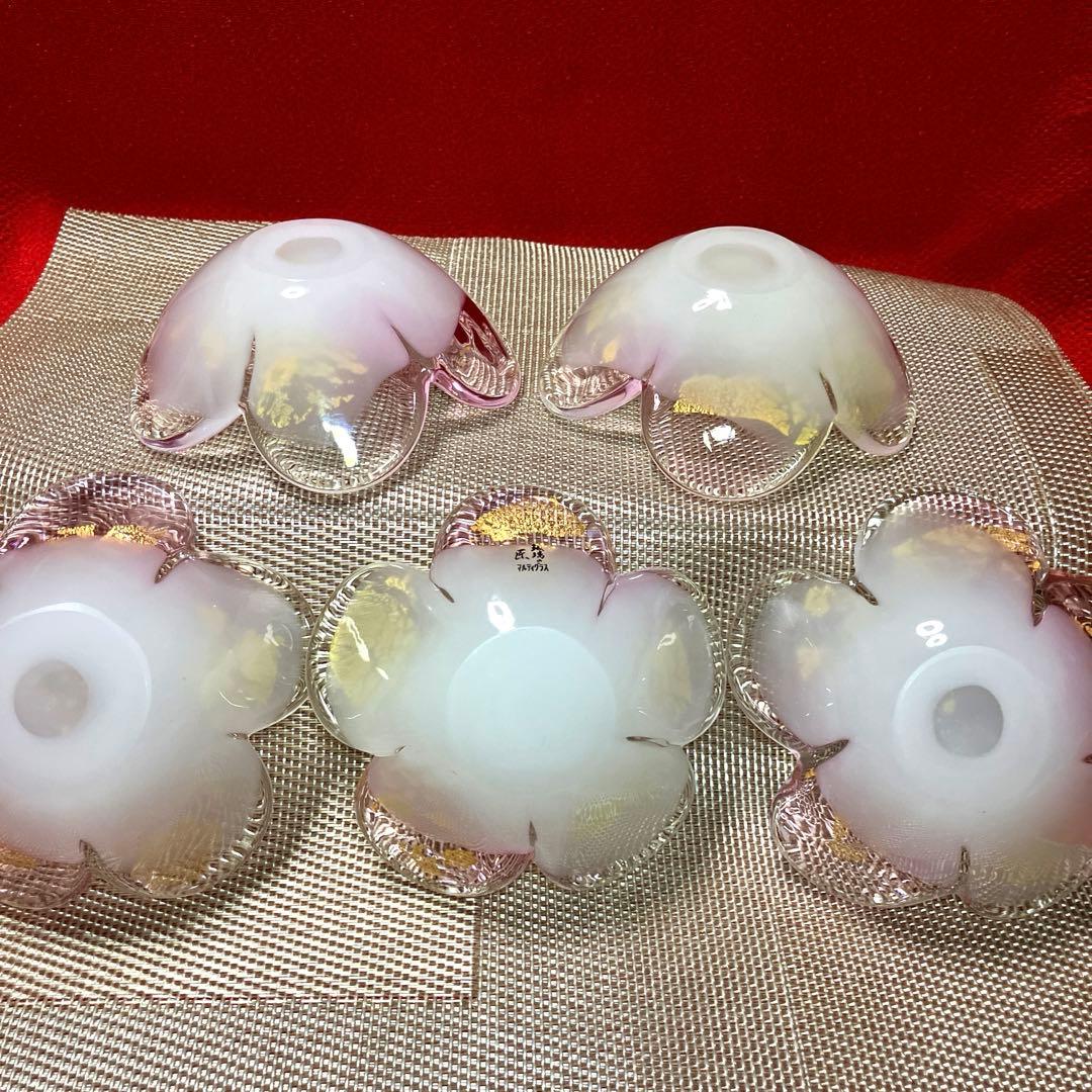 銀座WAKO 玻璃の匠 マルティグラス 金彩 小鉢 金箔入　桜型　未使用シール付