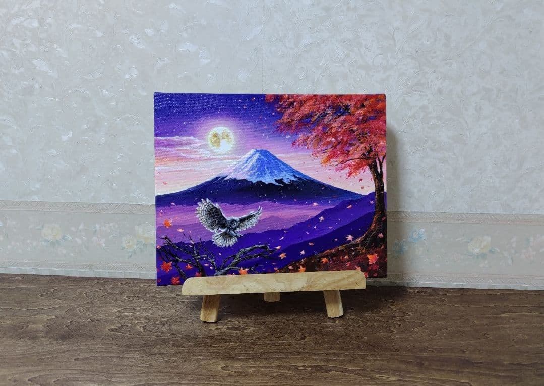 【月光と富士】アクリル画 F3 風景画 絵画