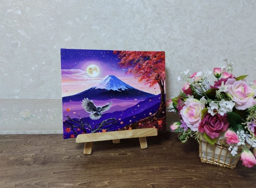 【月光と富士】アクリル画 F3 風景画 絵画