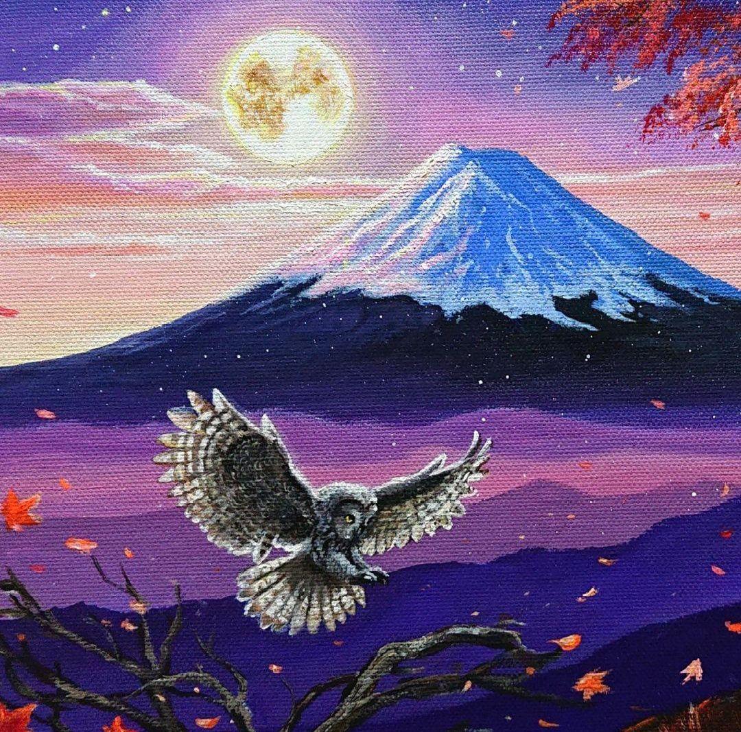 【月光と富士】アクリル画 F3 風景画 絵画